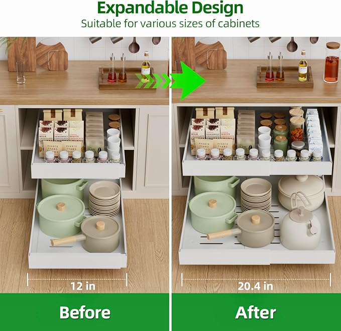 PAKETA 1 Pack Expandable Pull Out Cabinet Organizer,21" Deep | Pull Out Drawers for Cabinets with width from 12" to 20",Sliding Drawers for Cabinets with Upgrade 3 Slide Rails,hold 65 lbs