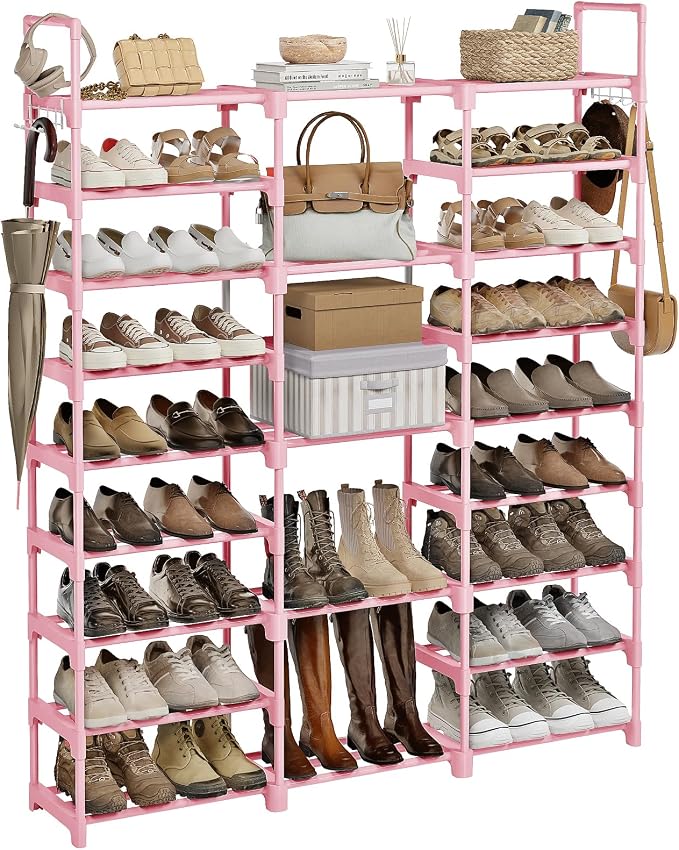 WOWLIVE 9 Tier 3-Column Shoe Rack, 50-55 Pairs Stackable Pink | 50in long for larger entryways. Removable shelves fit tall boots. Split into multiple units for garage/closet.