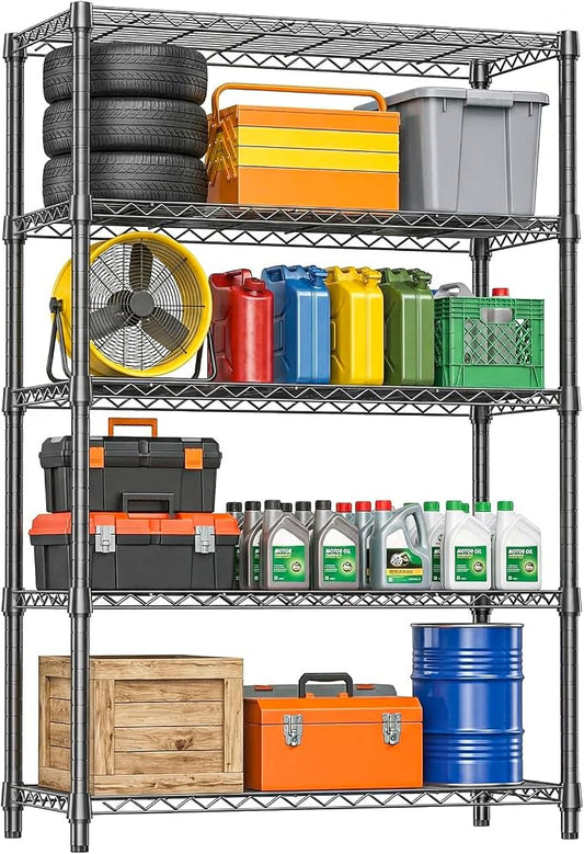 IZEUK 5-Tier Heavy Duty Metal Storage Shelving Unit, Adjustable Steel Wire Rack Shelf Organizer for Garage, Kitchen, Basement, Laundry, Office(Black, 17.7" D x 47.2" W x 72.3" H, 1750 lbs Capacity)