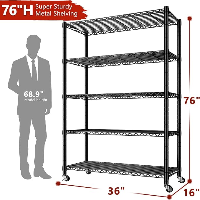 REIBII 5 Tier Storage Shelves with Wheels,1980LBS Metal Shelving for Garage | 25mm thickened pipes, 396 lbs/shelf, lock casters or switch to leveling feet, tool-free setup, fits pantry & kitchen