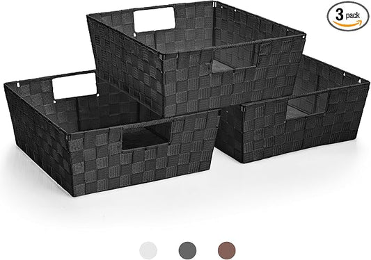 Sorbus Set of 3 Large Woven Storage Baskets – Mesh Hand-Woven Baskets for Organizing, Fabric Storage Bins for Linen Closet Organizer, Storage Baskets for Shelves and Home Organization (Black)