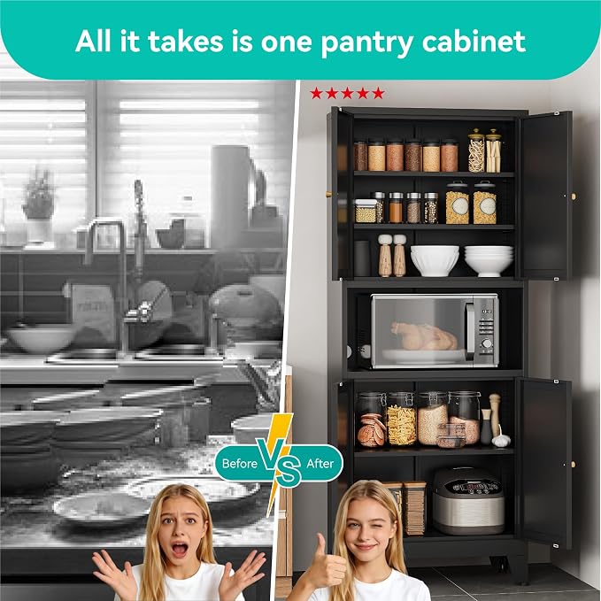 69" Tall Pantry Cabinet with Open Shelf,13.78“Deep By 28" Wide Storage Cabinet with Doors and Adjustable Shelves,Microwave Stand,for Kitchen Dining Room Bathroom,Black,1Pc