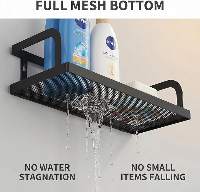 PUSDON 2-Pack 16.5" Extra Long Slim Hollowout Shower Caddy, Wall Mount Spice Rack & Bathroom Organizer, Mesh Bottom Cabinet Door Shelf Holds 50LBS - Matte Black, Hollowout