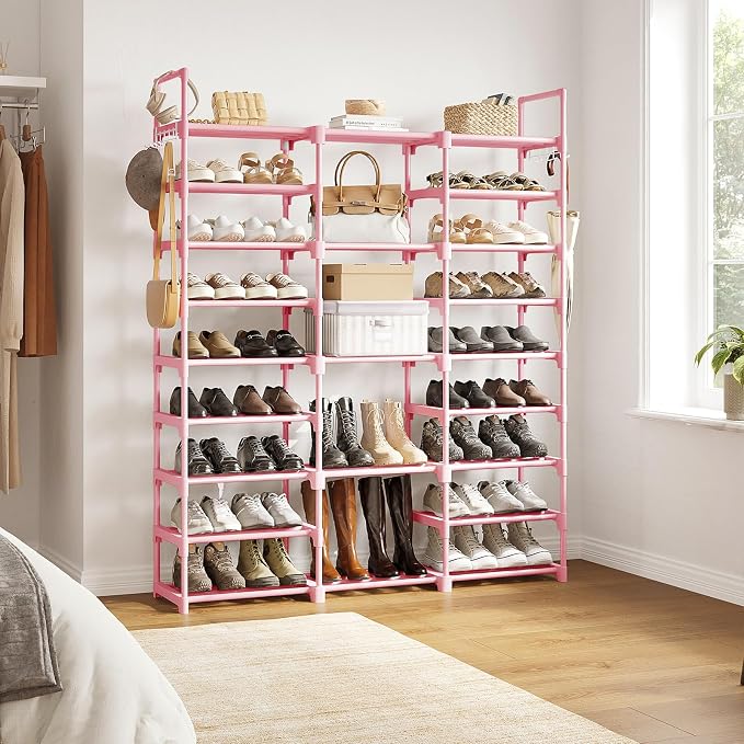 WOWLIVE 9 Tier 3-Column Shoe Rack, 50-55 Pairs Stackable Pink | 50in long for larger entryways. Removable shelves fit tall boots. Split into multiple units for garage/closet.