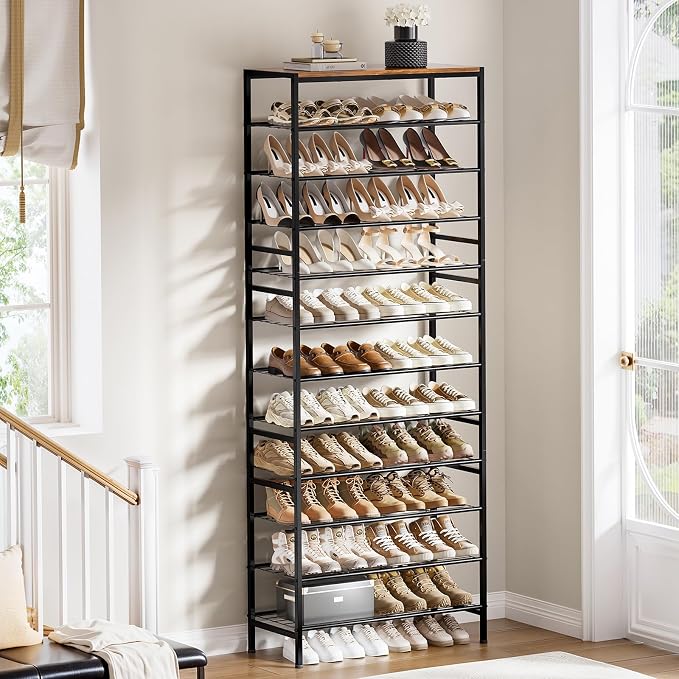 12 Tier Metal Shoe Rack with Wood Top, 40-48 Pairs Rustic Brown | Tallest 77.5in for maximum storage. 3 iron sheets for heels. Removable layer fits tall boots. Display top.