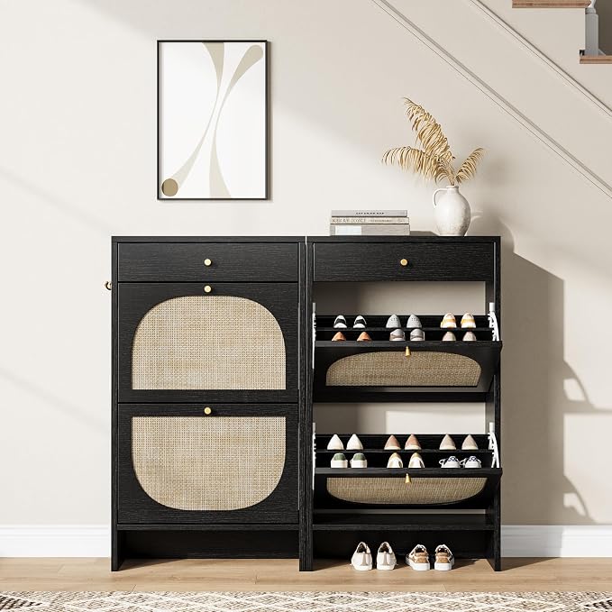 Nicetree Shoe Cabinet for Entryway, Slim Shoe Rack with 2 Flip Drawers and Top Storage Drawer, Narrow Shoe Organizer with Printed Rattan-Look Design, Entryway Shoe Storage for Size 12 Shoes, Black