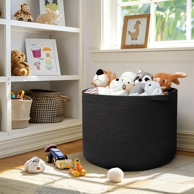 115L Super Large Black Blanket Basket, 23.6"x15.7" Woven Rope Bin for Storage, Oversized Kids Dog Toy Storage Box Bins, XXXL Blanket Holder for Living Room, Jumbo Wicker Basket for Organizing