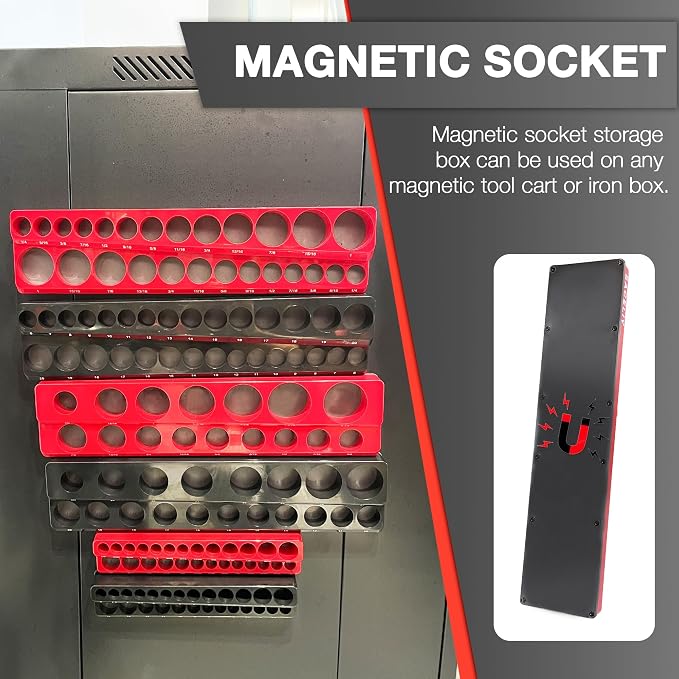 EACELIY Magnetic Socket Organizer Set, 1/2", 1/4" and 3/8" SAE & Metric Deep & Shallow Socket Holder Kit, holds 141 stanard Sockets, attaches to steel box/tool cart (sockets not included) 丨6PCS