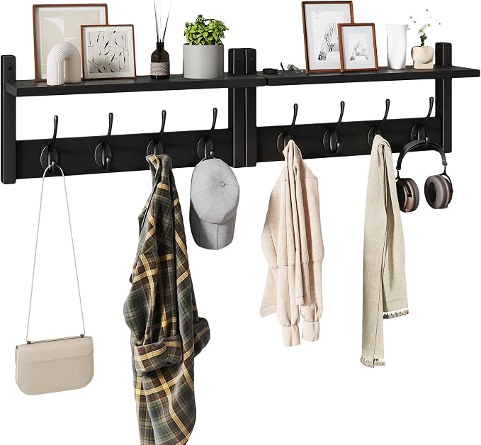 YMYNY Coat Rack Wall Mount with Shelf and Hooks, Black UHWS001B-2 | 2 Pack Wooden Wall Mounted Coat Hanger with Shelf and 8 Double Hooks, Wall Coat Rack for Entryway Hallway Bedroom Bathroom