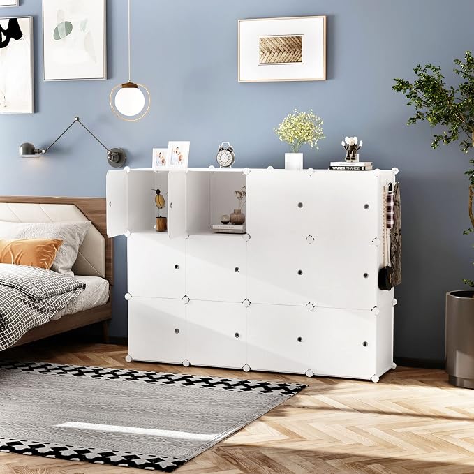 C&AHOME 12-Cube Storage Organizer with Door Cube Shelf Closet Cabinet Milky | DIY Plastic Modular Bookshelf, Stackable Clothes Storage Shelving Ideal for Home, Bedroom, 36.6”L x 12.4”W x 48.4”H