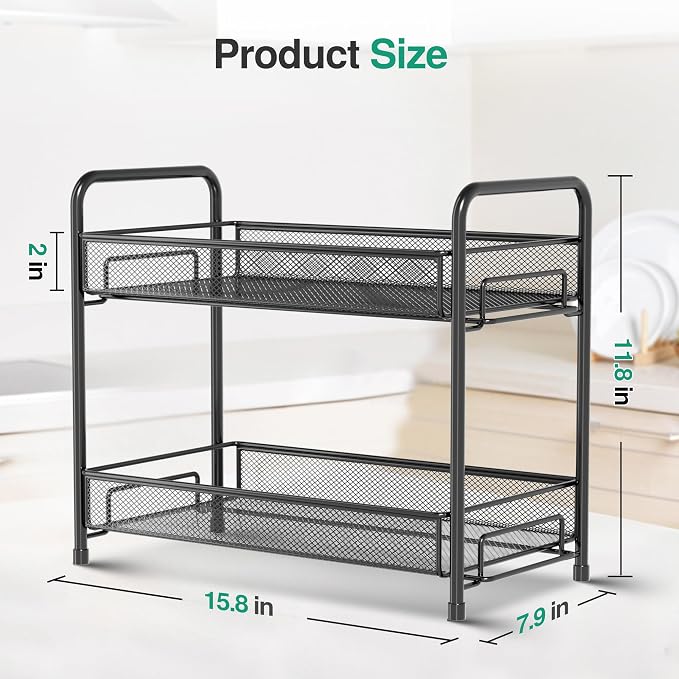 Spice Rack Organizer for Countertop,Xpatee 2-Tier Foldable Metal Rust-Proof Standing Large Seasoning Storage Shelf with Guardrail and Mesh Design for Kitchen Cabinet Bathroom Living Room Pantry, Black