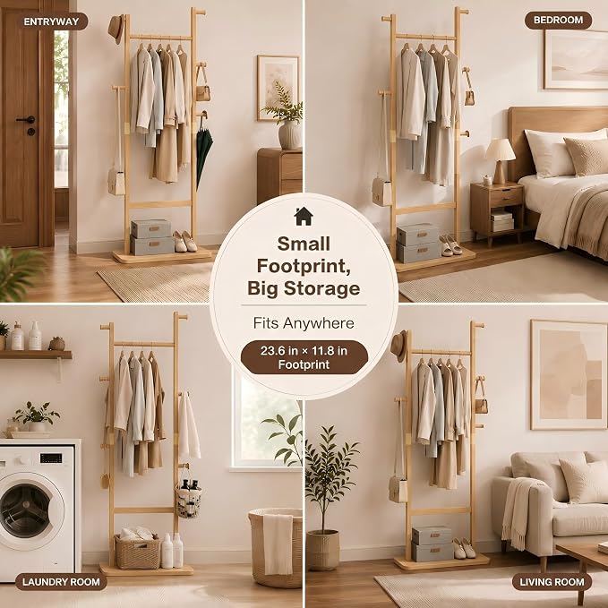 Solid Wood Coat Rack Freestanding, Clothing Rack with 5 Hooks & Bottom Shelf, Coat Rack Stand for Hanging Clothes, Wood Hall Tree Organizer for Entryway, Bedroom (Natural Wood 23.6"W x 70.8"H)
