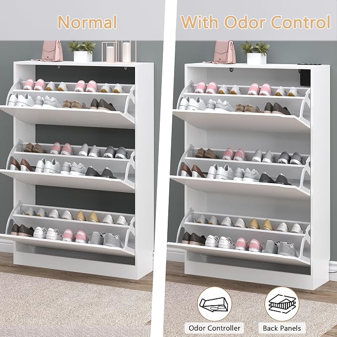 BORNOON Shoe Cabinet with Odor Control and Back Panels, Deodorizing Slim 3-Flip Shoe Storage Cabinet for Entryway, Freestanding Hidden Shoe Rack Organizer for Entrance, Hallway, Bedroom