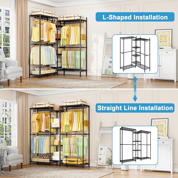 Ulif E4 Clothes Rack, Heavy-Duty Garment Rack, Metal Freestanding Clothing Organization Storage System Can Be L-Shaped with Shelves and Hangers, Max Load 962lbs, 71.6" W x 14.5" D x 79.3" H, Black | Metal Freestanding Clothing Organization Storage Syst...