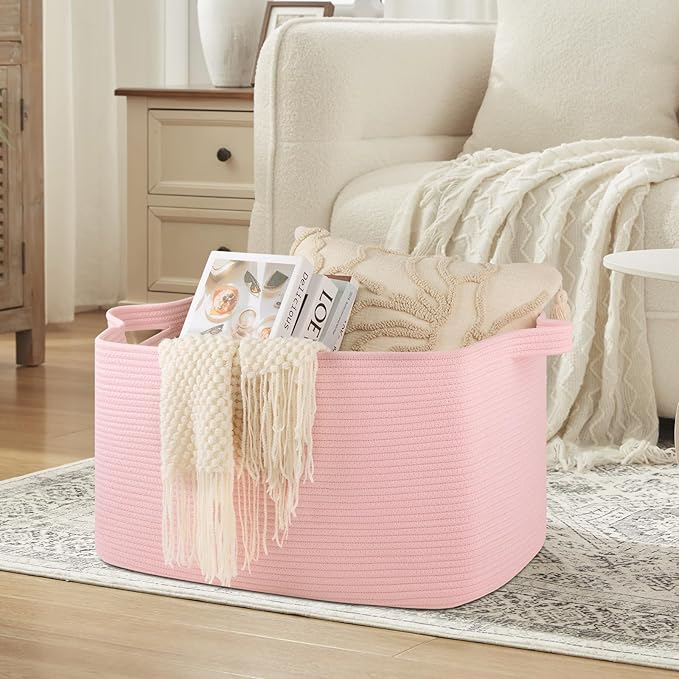 OIASKET 95L Extra Large Blanket Basket, 24" x 16.9" x 14.2" Woven Storage Basket for Living Room, Rectangle Nursery Blanket Storage for Toys, Towels, Dirty Clothes (Pink)