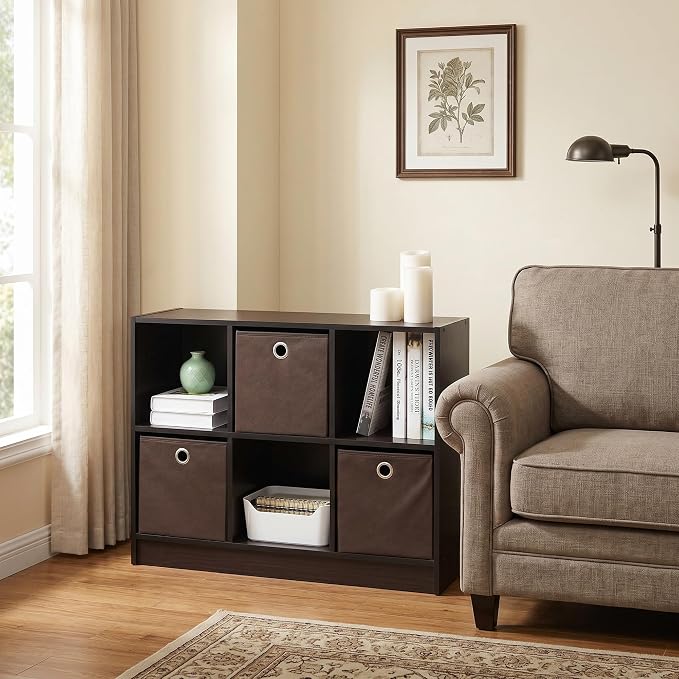 6-Cube Bookshelf with Storage Bins, Cube Bookcase, Book Shelf with Storage Bins, 11.9 x 31.6 x 23.6, for Organization and Storage, Home Office, Living Room, Dark Walnut