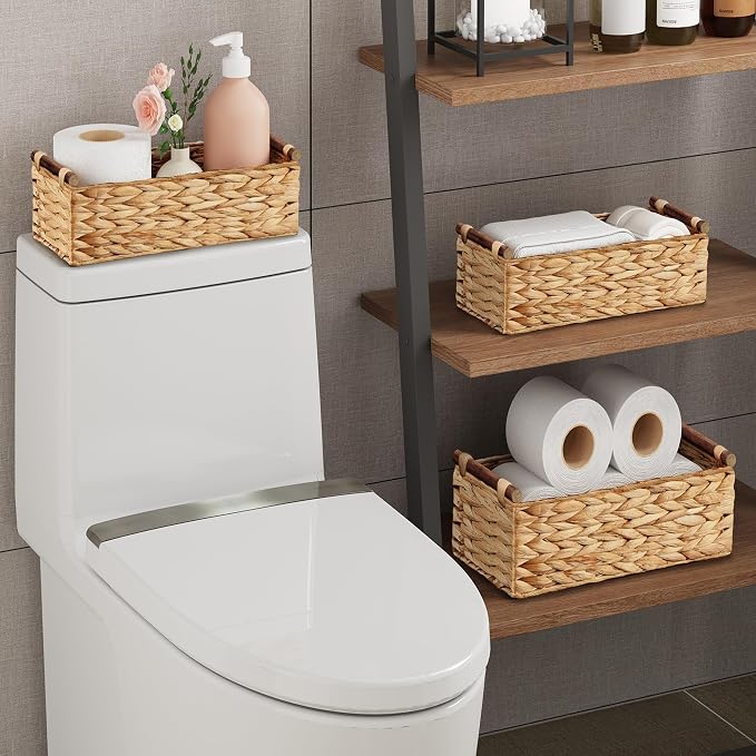 Vagusicc Wicker Storage Basket, Set of 2 Hand-Woven Water Hyacinth Wicker Basket for Organizing with Handle Decorative Storage Bins for Counter Pantry Shelves Toilet Paper Basket for Toilet Tank Top