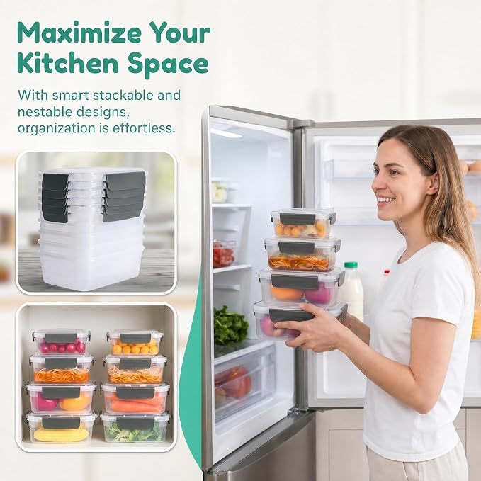 YORY 3cup Plastic Food Storage Containers With Lids For Portion Control,5pk | BPA free,Stackable and Nestable,Snaplock Lid ,Freezer Dishwasher Microwave Safe