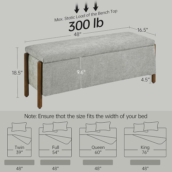 Usaint Wooden Storage Ottoman Bench, 47" Fabric Upholstered End of Storage Bench with Rubberwood Legs, Entryway Bench with Storage for Bedroom, Living Room, Reception, Cloakroom, Grey