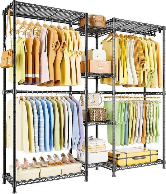 Ulif E4 Clothes Rack, Heavy-Duty Garment Rack, Metal Freestanding Clothing Organization Storage System Can Be L-Shaped with Shelves and Hangers, Max Load 962lbs, 71.6" W x 14.5" D x 79.3" H, Black | Metal Freestanding Clothing Organization Storage Syst...