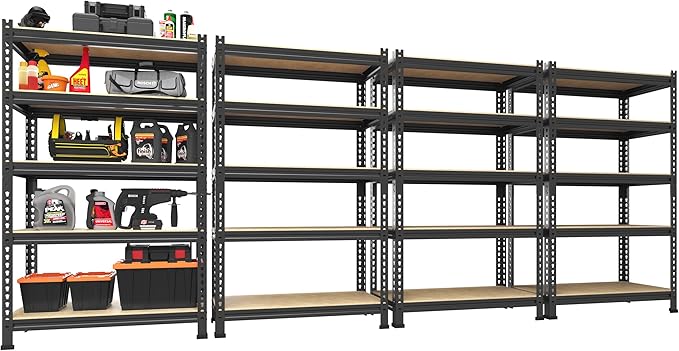 PrimeZone 5-Tier Garage Storage Shelves, Adjustable Metal Shelving, Black | Heavy-Duty Metal Frame & Connectors, FSC MDF Boards, Space-Saving Storage for Garage, Pantry, Closet, 28"W x 12"D x 59"H 4PCS