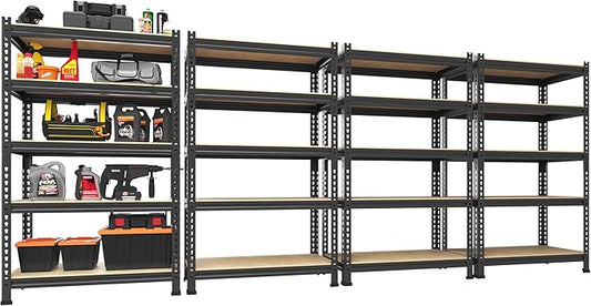 PrimeZone 5-Tier Garage Storage Shelves, Adjustable Metal Shelving, Black | Heavy-Duty Metal Frame & Connectors, FSC MDF Boards, Space-Saving Storage for Garage, Pantry, Closet, 28"W x 12"D x 59"H 4PCS