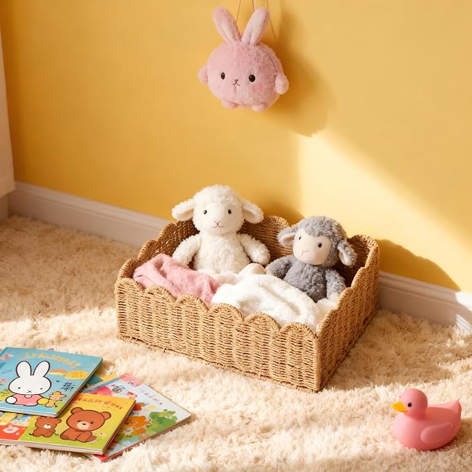 Scalloped Basket, Wicker Storage Baskets, Hand Woven Baskets for Shelves,Natural Baskets for Organizing (S+M)