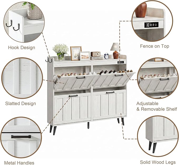 ChooChoo Shoe Storage Cabinet with 4 Flip Drawers and Deodorizer | Shoe Organizer Storage for Entryway, Freestanding Hidden Slim Narrow Shoe Rack Cabinet, Antique White