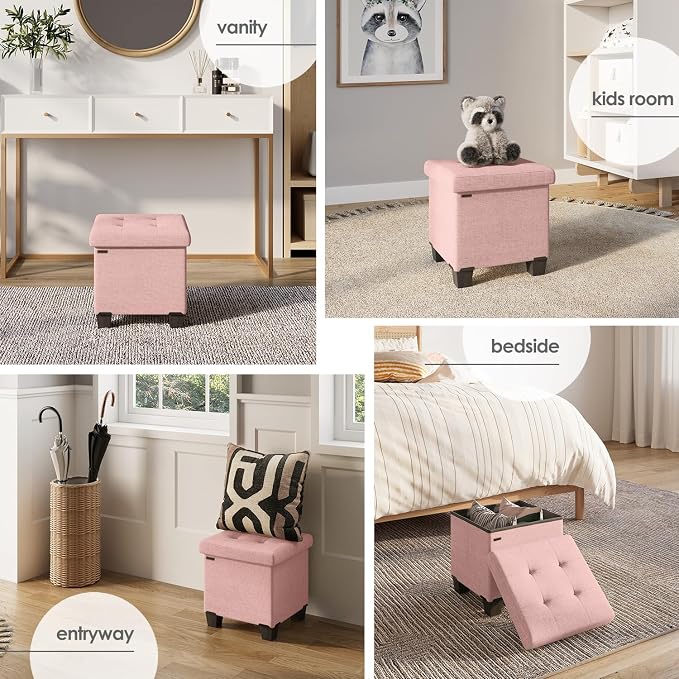 Storage Ottoman Cube with Small Bin, 15-in Square Ottoman with Storage for Living Room and Bedroom, Small Ottomans Foot Rest, Fabric Foot Stools Ottomans Max 330lbs, Pink