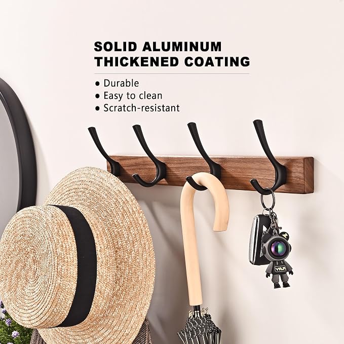 17.3" Small Walnut Wood Coat Rack Wall Mount with 4 Hooks, Heavy Duty Wooden Jacket Hanger Door Mounted for Decorative Entryway and Bathroom Hanging Towel Backpack Purse Clothes Hat Key Black