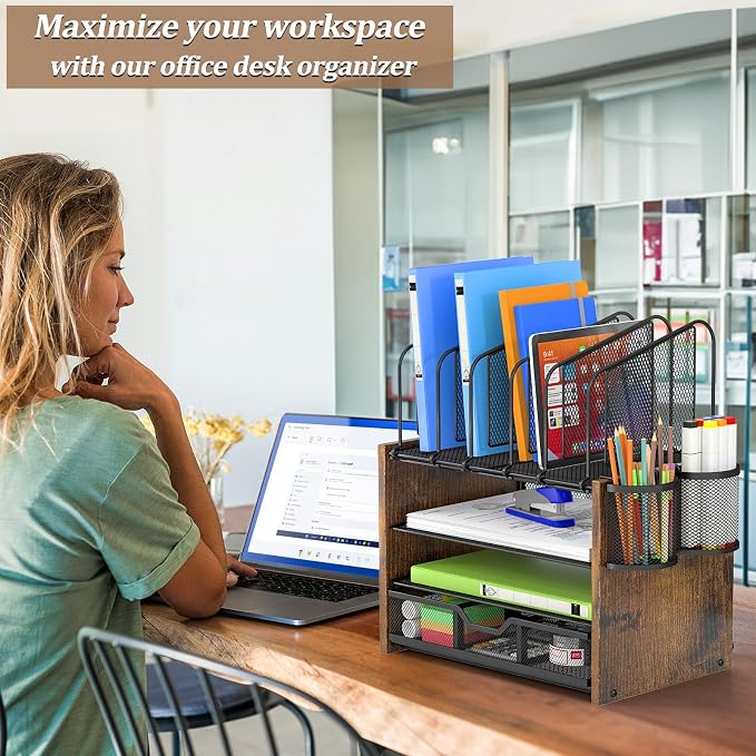 DAOUTIME 4-Tier Mesh Desk Organizer, Wooden Desk File Organizer with 5 Vertical File Holders and 2 Pen Holders, Desktop Organizers and Accessories with Drawer for Home Office