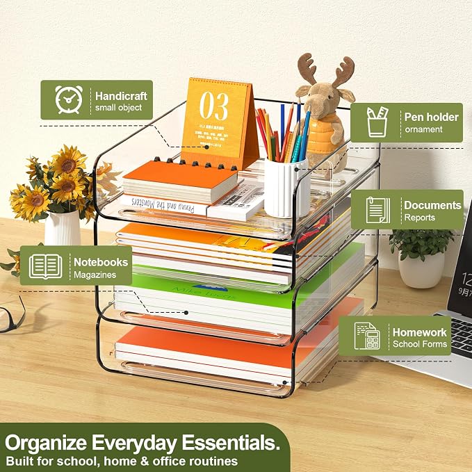 FANXIYQ 4-Tier Acrylic Paper Tray Organizer, Clear Stackable Desk File Organizer for Documents, Files, Letters, A4 Paper, Books, Notes, Mail & Paper Storage, Office Classroom Home