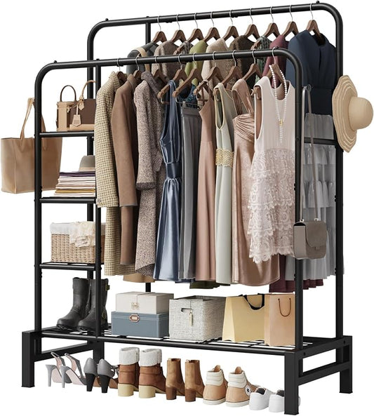 Clothes Rack for Hanging Clothes, Clothing Rack with shelves, Black | Double Clothing Rack with 3 Tier Storage Shelves, Multifunctional Heavy Duty Garment Rack for Bedroom Laundry Wardrobe Closet
