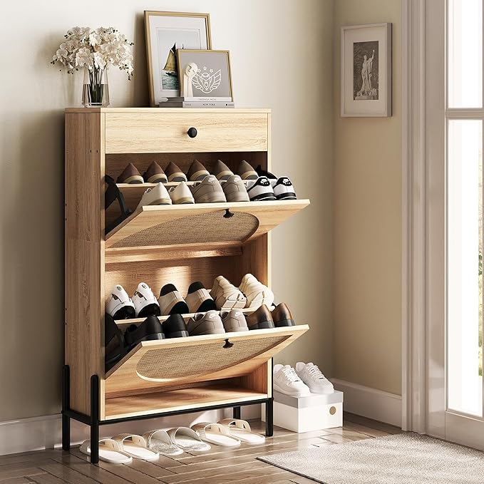 IRONCK Narrow Shoe Cabinet with 2 Flip Drawers and Rattan Doors, Oak | Shoe Storage Cabinet for Entryway, Free Standing Shoe Storage Organizer, Adjustable Shelves, Shoe Rack Cabinet