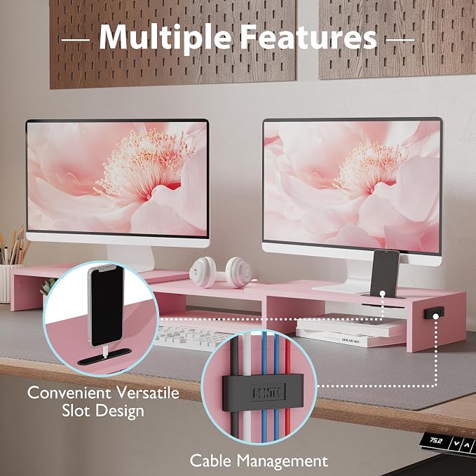 BONTEC Dual Monitor Stand Riser, Adjustable Length & Swivel Angle, Pink | Ergonomic Wooden Desktop Organizer with Smartphone Holder, Computer Monitor Stand for PC, Laptop, Printer and Large Storage