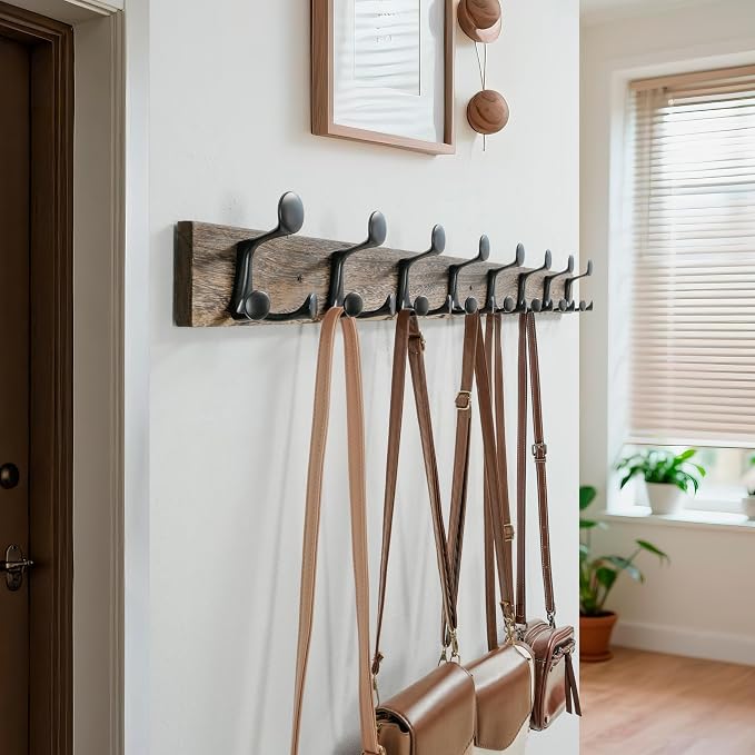 WEBI Coat Rack Wall Mount,43" Solid Wood Coat Hooks Wall Mounted Coat Hanger,16" Hole to Hole,Heavy Duty Hook Rack Rail,8 Triple Hooks for Hanging Coats,Jacket,Clothes,Hat,Backpack,Weathered Brown