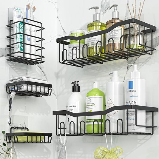 Simple Trending Shower Caddy, 5 Pack Rustproof Stainless Steel Shower Shelves, No Drilling Bathroom Organizer Adhesive with Large Capacity, Black Metal Storage Basket