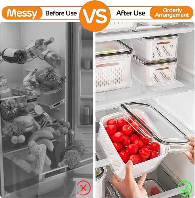 5-Pack Fruit Storage Containers for Fridge with Removable Colanders, 4 in 1 Produce Storage Containers with Lids, Leakproof Fridge Organizer Bins for Salad Berry Lettuce Vegetables Meat Keeper Fresh