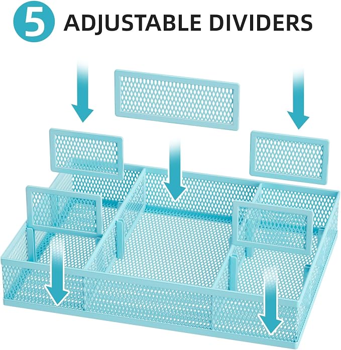 Marbrasse 2 Pack Desk Drawer Organizer, Mesh Drawer Organizer Tray with 8 Adjustable Compartments, Desk Organizers and Accessories, 5 Dividers Drawer for Office Supplies, Makeup & Vanity (Blue)