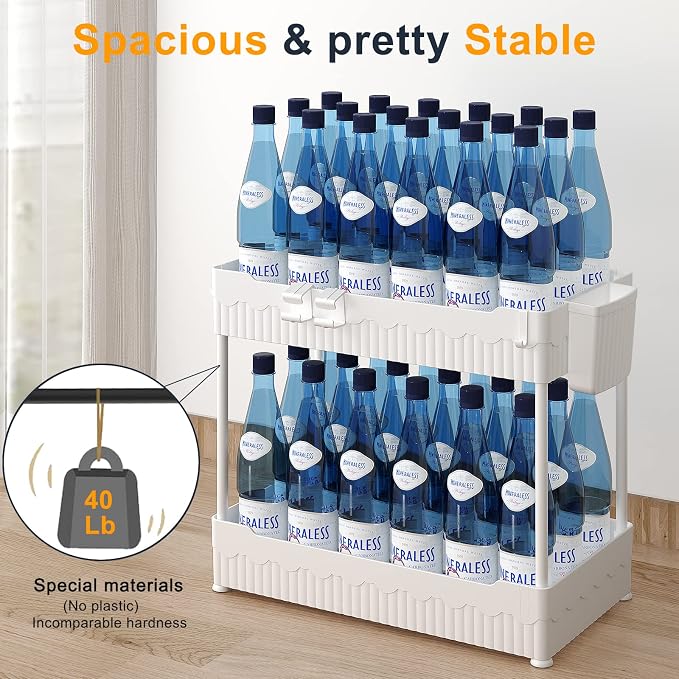 Sevenblue 2-Pack Under Sink Organizer with Hooks & Hanging Cup for Kitchen | Multi-use kitchen & bathroom storage, 14.8 inch white cabinet organizer, with hooks and hanging cup for easy access.