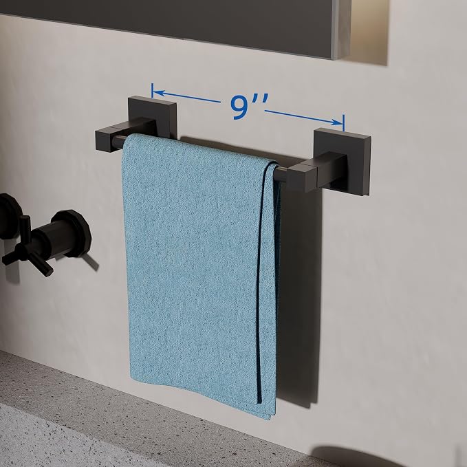 RUACQ Towel Bar, 9" Towel Racks for Bathroom Wall Mounted, Matte Black | Hand Towel Holder, Total Length 10.8 Inch Single Towel Rod, 304 Stainless Steel, Rustproof, Square Base, Heavy Duty, Modern