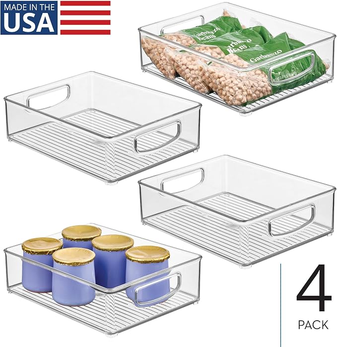 iDesign Plastic Stackable Pantry Bin, Set of 4, Clear | Organizer Bin with Handles, For Cabinets or Fridge