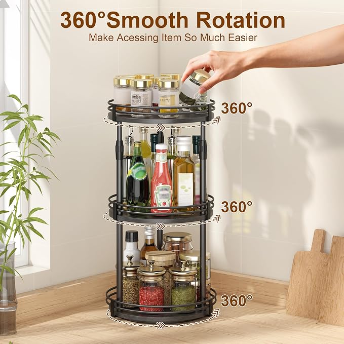 Across-star Lazy-Susan-Organizer-Spice-Rack, 3-Tier Rotating Spice Organizer for Cabinet Pantry, Seasoning Holder Shelf with Adjustable Height, Kitchen Counter Shelf Countertop Organzier
