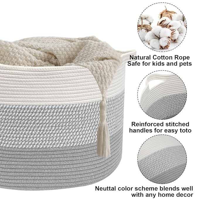 90L Extra Large Blanket Basket,Woven Rope Laundry Basket-Grey | Collapsible, reinforced handles, nursery storage bin organizes clothes, toys and pillows for living room, bedroom bathroom