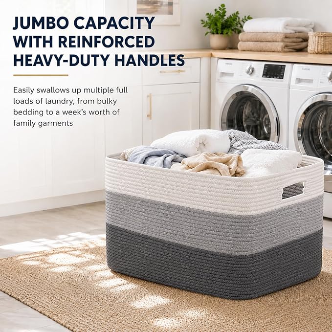 OIAHOMY Large Blanket Basket For Living Room, Rectangle Woven Baskets for Storage, Nursery Toy Storage With Handle-22”x17”x12”-Gradient Dark Grey