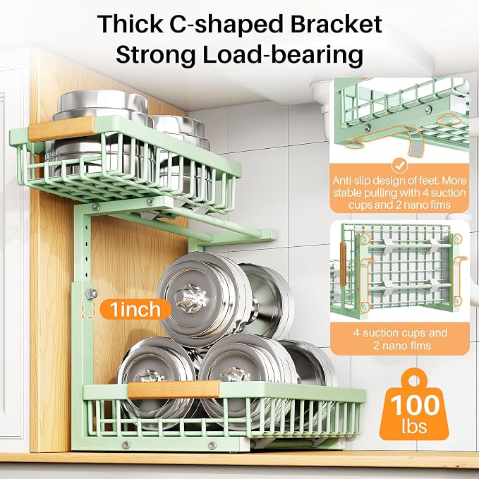 PXRACK Under Sink Organizer, Adjustable Height, 2 Tier Pull Out Under Cabinet Organizer, Slide Out Thickened Metal Under Sink Storage for Kitchen Bathroom Laundry Pantry Cabinet, Green, Large-1-Pack