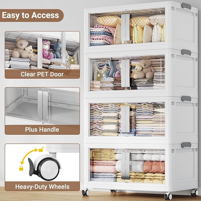 BROVIEW 160QT Stackable Storage Bins with Lids, 40Gal Extra Large Collapsible Storage Box with Wheel, Plastic Storages with Clear Door Open Front for Home Kitchen Garage, White-1pack(1 lid)
