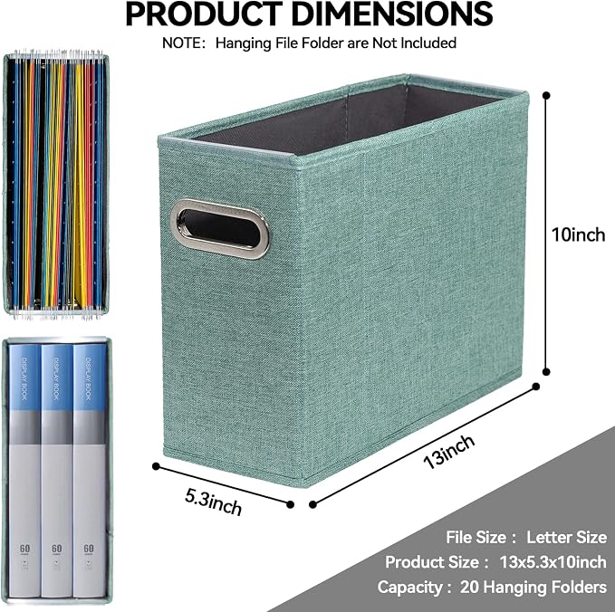 2 Packs Letter Size File Organizer, File Folders Organizer, Fabric Storage Box, Collapsible Paper Organizer with Metal Handle, Smooth PVC Rails, Only Box (Green)