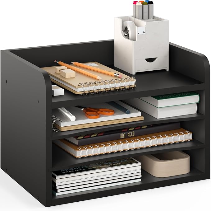 Ballucci File Organizer, 4-Tier Office Desk Organizer, Open Top Wood Paper Organizer for Classroom, Mail Sorter Paper Tray with Adjustable Storage Shelves, Black
