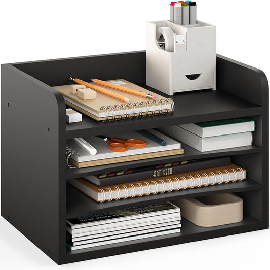 Ballucci File Organizer, 4-Tier Office Desk Organizer, Open Top Wood Paper Organizer for Classroom, Mail Sorter Paper Tray with Adjustable Storage Shelves, Black